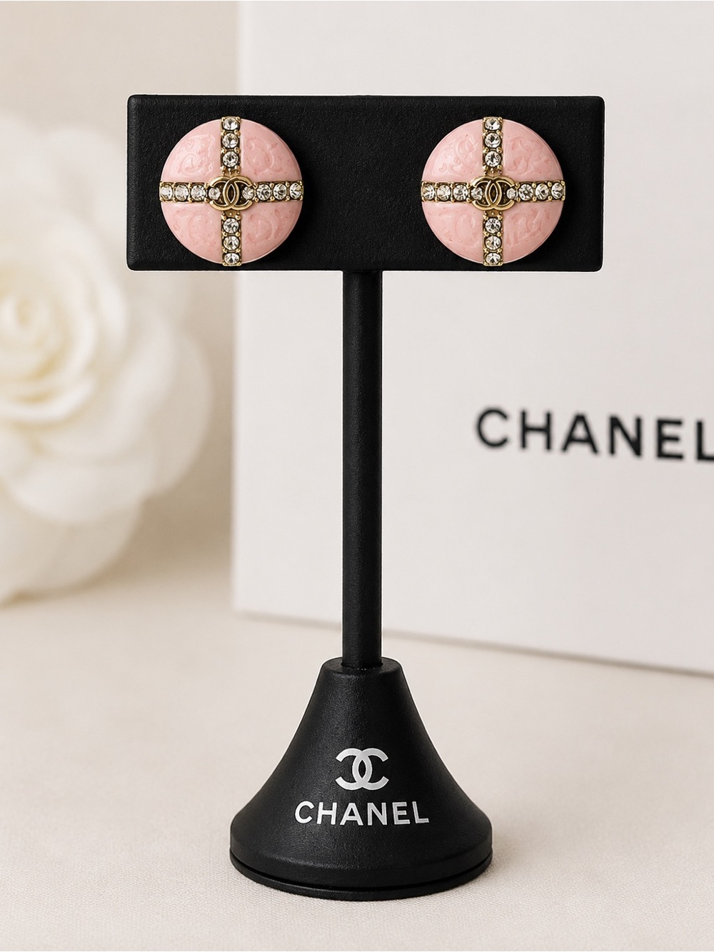 CHANEL Pink Crystal Cross Button Earrings